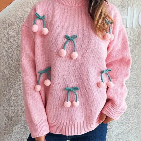 Cherry Round Neck Long Sleeve Sweater - Picture 11 of 16